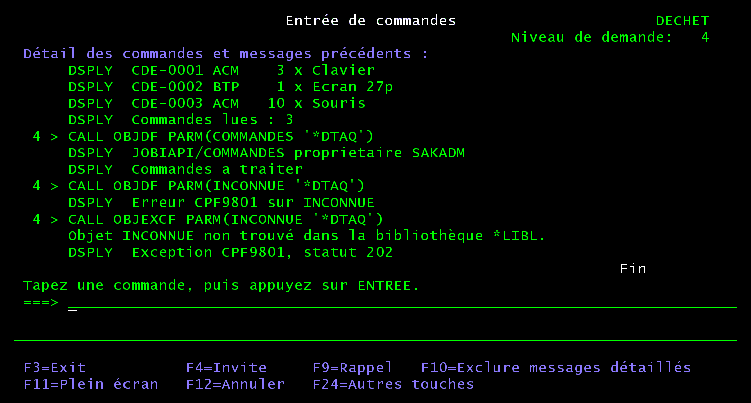 Écran Entrée de commandes : OBJDF sur COMMANDES affiche JOBIAPI/COMMANDES proprietaire SAKADM et Commandes a traiter ; OBJDF sur INCONNUE affiche Erreur CPF9801 sur INCONNUE ; OBJEXCF sur INCONNUE affiche le message Objet INCONNUE non trouvé dans la bibliothèque *LIBL puis Exception CPF9801, statut 202