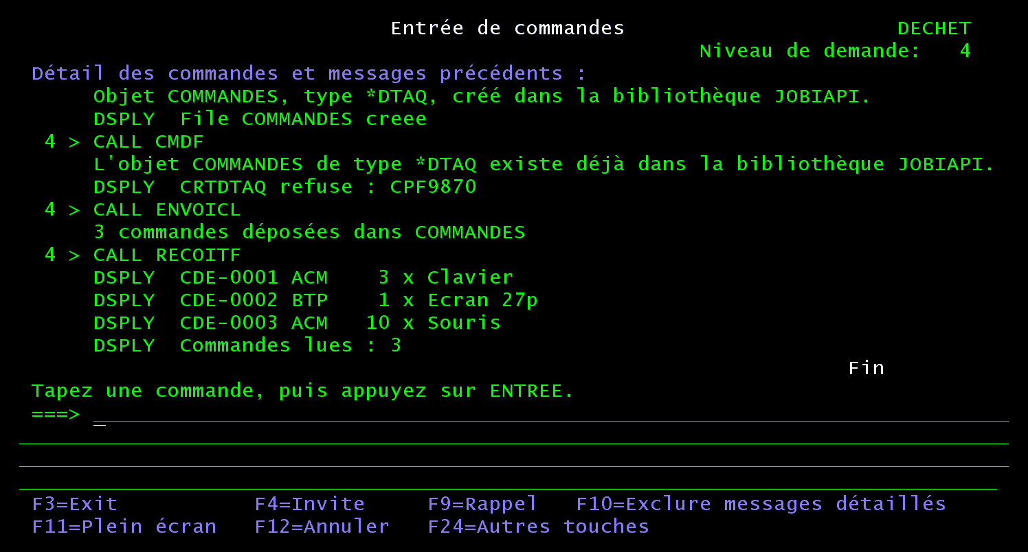 Écran Entrée de commandes : CALL ENVOICL affiche 3 commandes déposées dans COMMANDES, puis CALL RECOITF affiche CDE-0001 ACM 3 x Clavier, CDE-0002 BTP 1 x Ecran 27p, CDE-0003 ACM 10 x Souris et Commandes lues : 3
