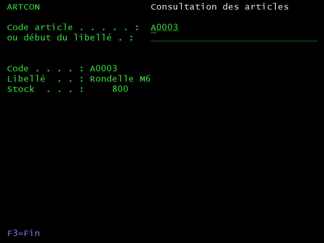 Écran ARTCON : code A0003 saisi, l'article Rondelle M6 s'affiche avec un stock de 800