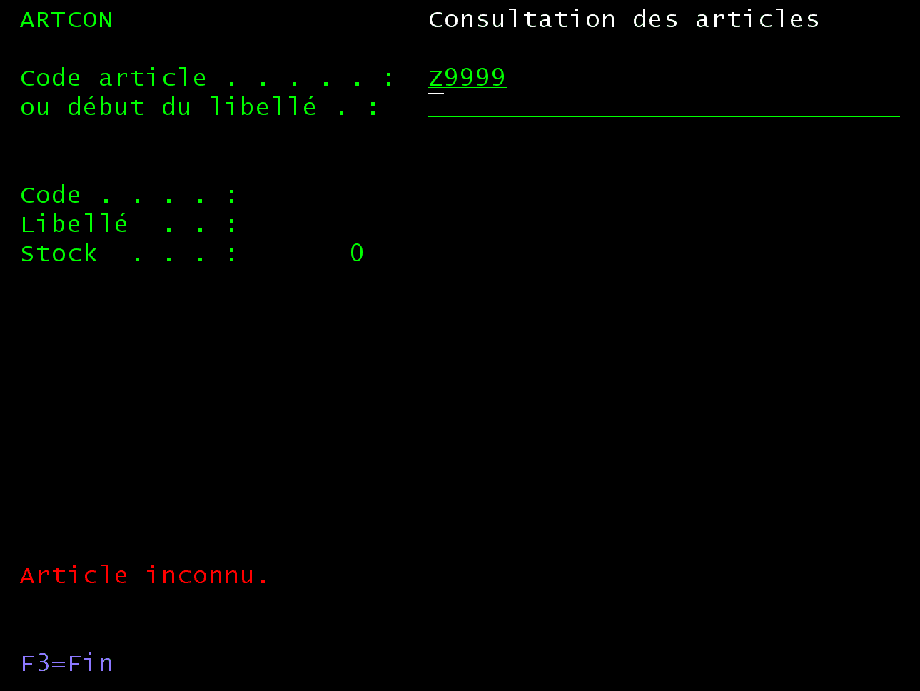 Écran ARTCON : code Z9999 saisi, le message rouge Article inconnu s'affiche en ligne 20