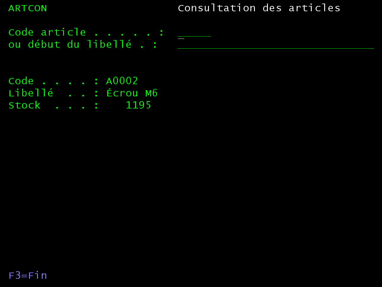 Écran ARTCON : recherche vide, le premier article dans l'ordre du LF est A0002 Écrou M6