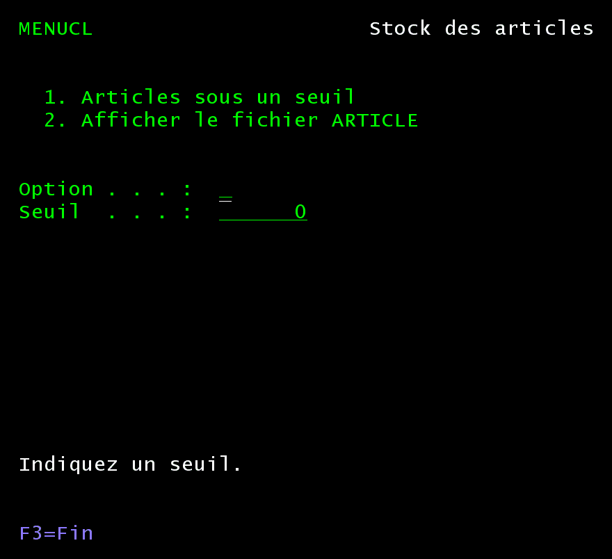 Écran MENUCL : option 1 sans seuil, message Indiquez un seuil.