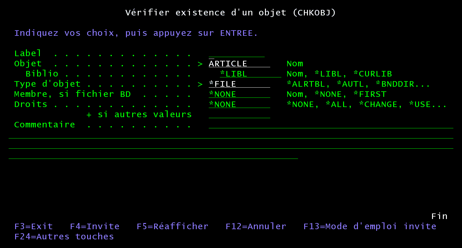 Invite de la commande CHKOBJ ouverte par F4 dans SEU : Label, Objet ARTICLE, Type d'objet *FILE, Commentaire