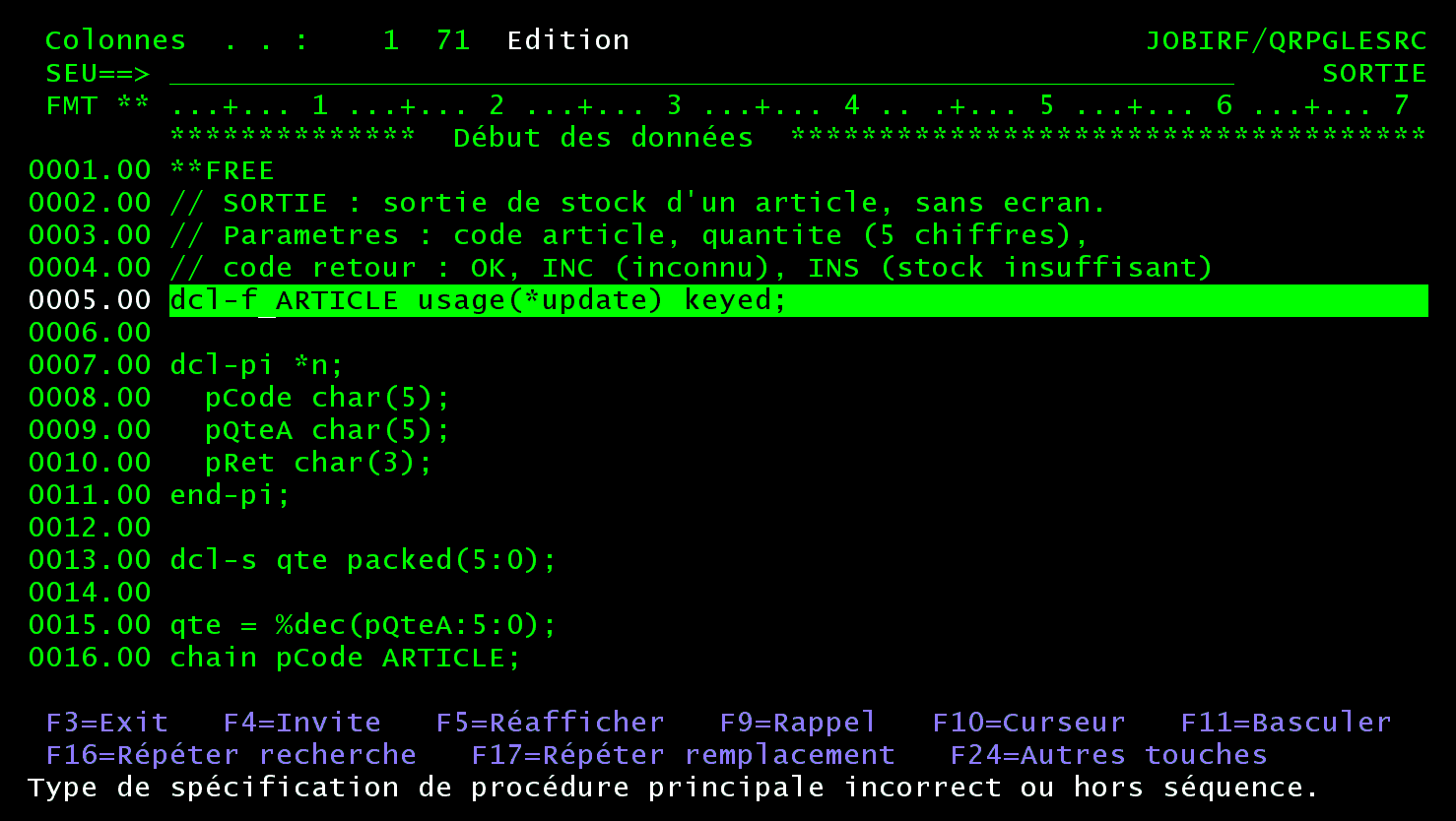 SEU en colonnes 1 à 71 : la ligne dcl-f ARTICLE usage(*update) keyed; est surlignée et SEU affiche Type de spécification de procédure principale incorrect ou hors séquence