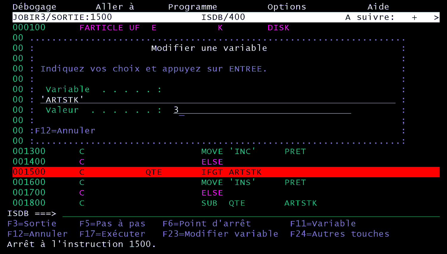 Fenêtre Modifier une variable de STRISDB : variable ARTSTK, valeur 3
