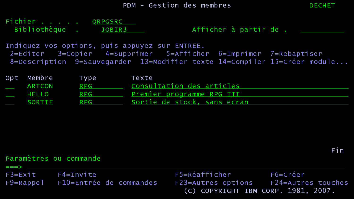 Écran PDM Gestion des membres du fichier QRPGSRC de JOBIR3 : membres ARTCON, HELLO et SORTIE de type RPG, options 2=Editer et 14=Compiler
