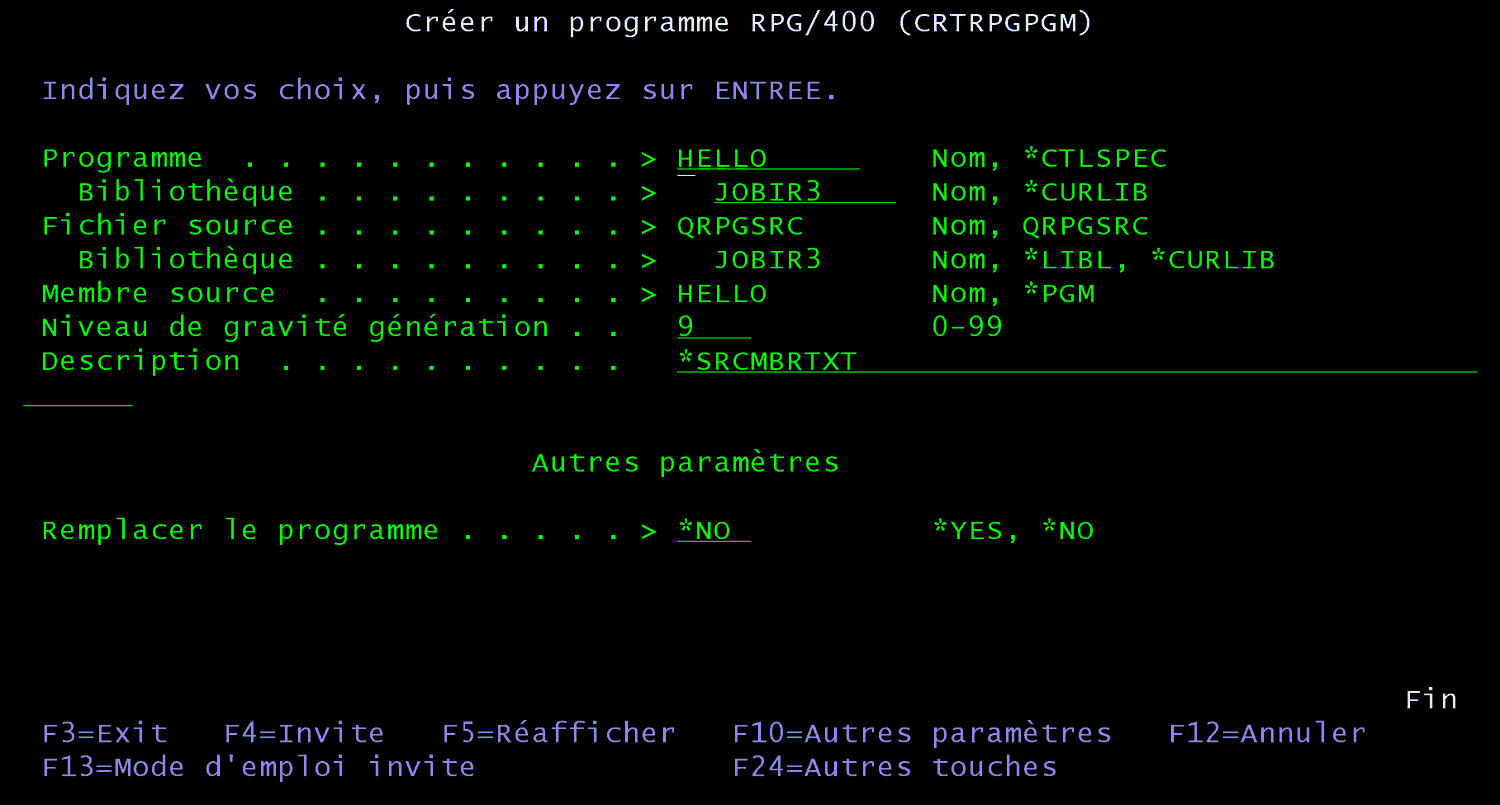 Invite CRTRPGPGM ouverte par l'option 14 de PDM : programme HELLO, bibliothèque JOBIR3, fichier source QRPGSRC, niveau de gravité 9