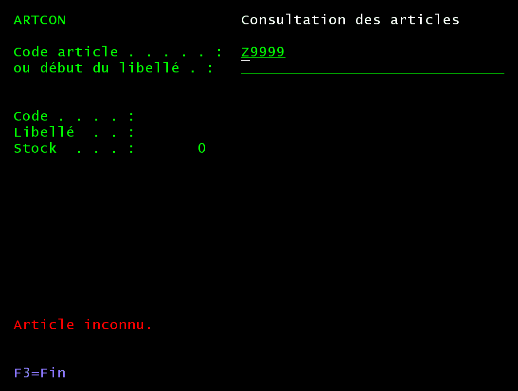 Écran ARTCON en RPG IV : code Z9999 saisi, le message rouge Article inconnu s'affiche