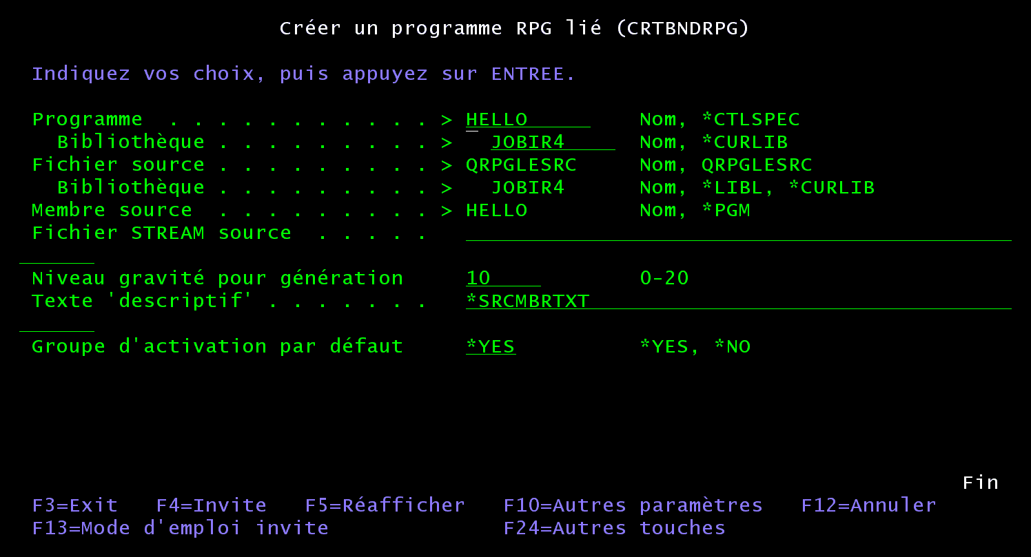 Invite CRTBNDRPG ouverte par l'option 14 de PDM : programme HELLO, fichier source QRPGLESRC, fichier STREAM source, niveau de gravité 10, groupe d'activation par défaut *YES