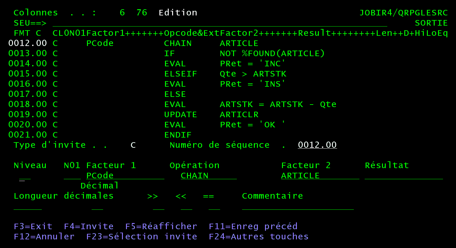 Invite SEU d'une spécification C RPG IV : Facteur 1 PCode, Opération CHAIN, Facteur 2 ARTICLE, sans indicateur