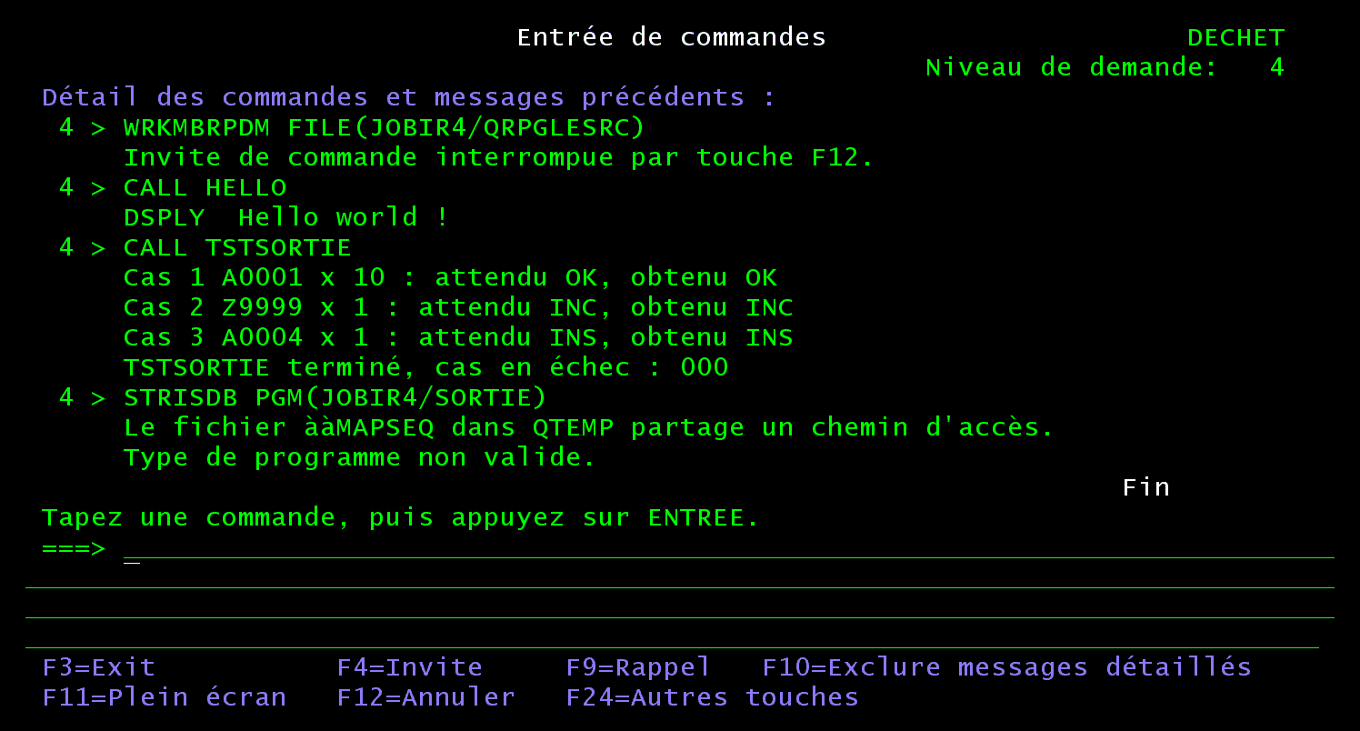 Écran Entrée de commandes : STRISDB PGM(JOBIR4/SORTIE) répond Type de programme non valide