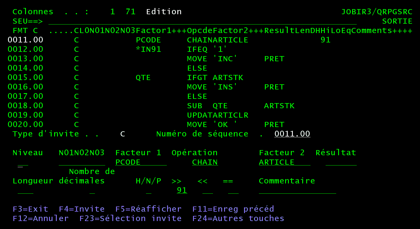 Invite SEU d'une spécification C : Facteur 1 PCODE, Opération CHAIN, Facteur 2 ARTICLE, indicateur 91 sous la colonne des indicateurs résultants