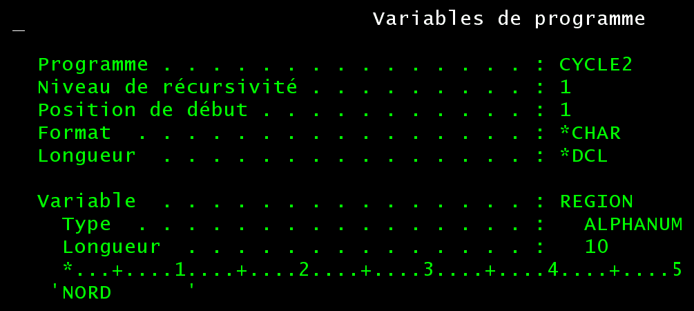 Fenêtre Variables de programme de STRISDB : REGION vaut NORD