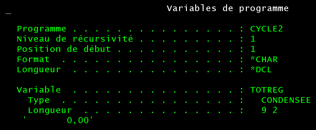 Fenêtre Variables de programme de STRISDB : TOTREG vaut 0,00