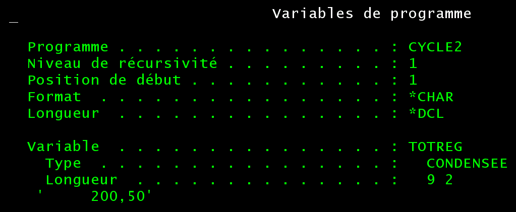 Fenêtre Variables de programme de STRISDB : TOTREG vaut 200,50