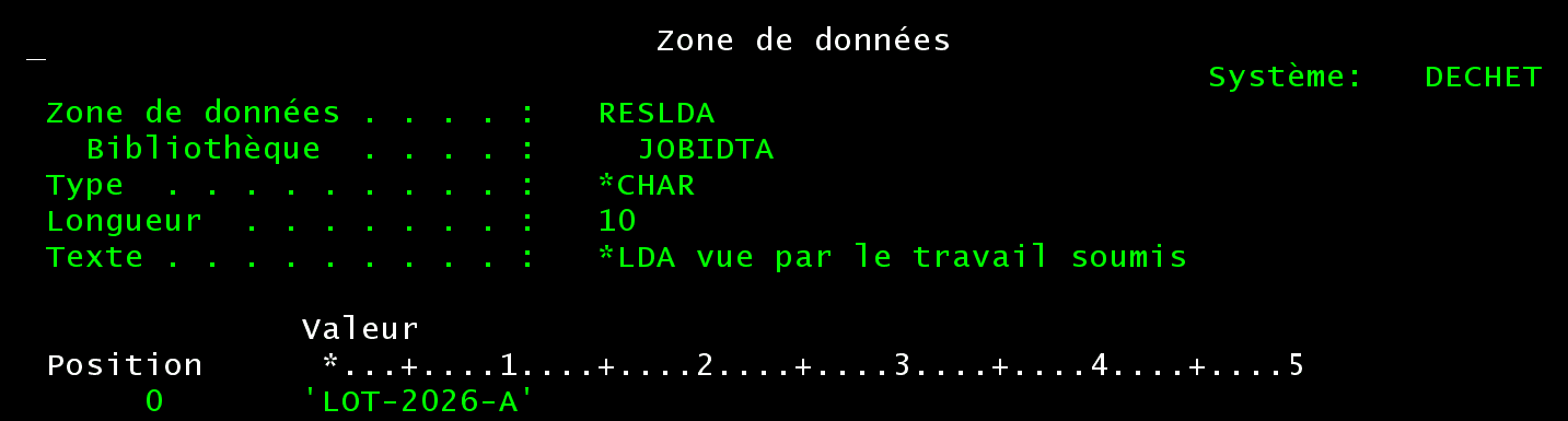 Haut de l'écran DSPDTAARA JOBIDTA/RESLDA : valeur LOT-2026-A