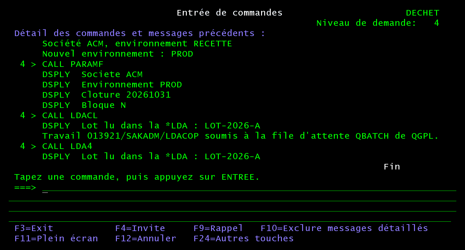 Écran Entrée de commandes : CALL LDACL affiche DSPLY Lot lu dans la *LDA : LOT-2026-A et Travail 013921/SAKADM/LDACOP soumis à la file d'attente QBATCH de QGPL, puis CALL LDA4 affiche le même lot