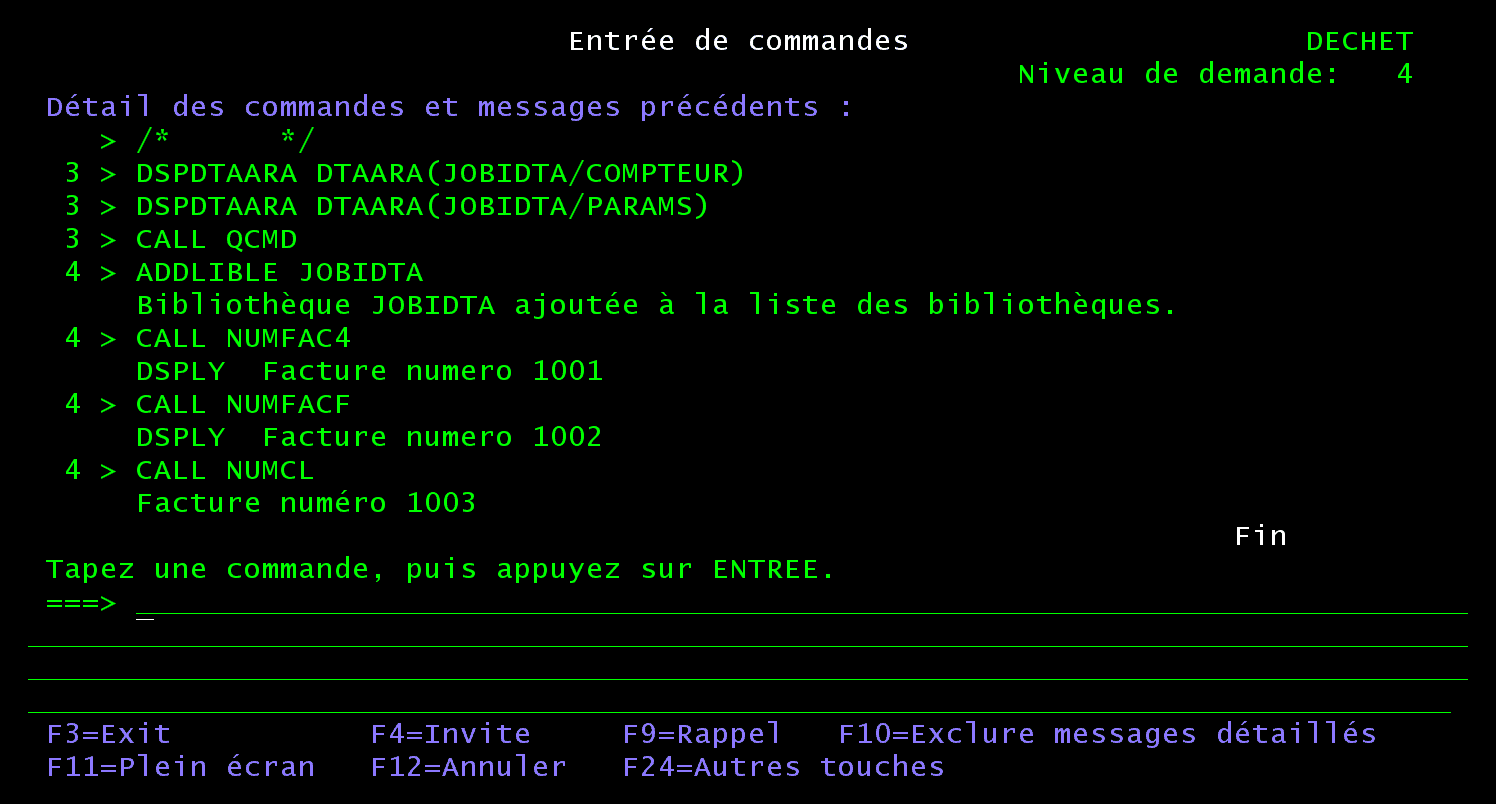 Écran Entrée de commandes : CALL NUMFAC4 affiche Facture numero 1001, CALL NUMFACF Facture numero 1002, CALL NUMCL Facture numéro 1003