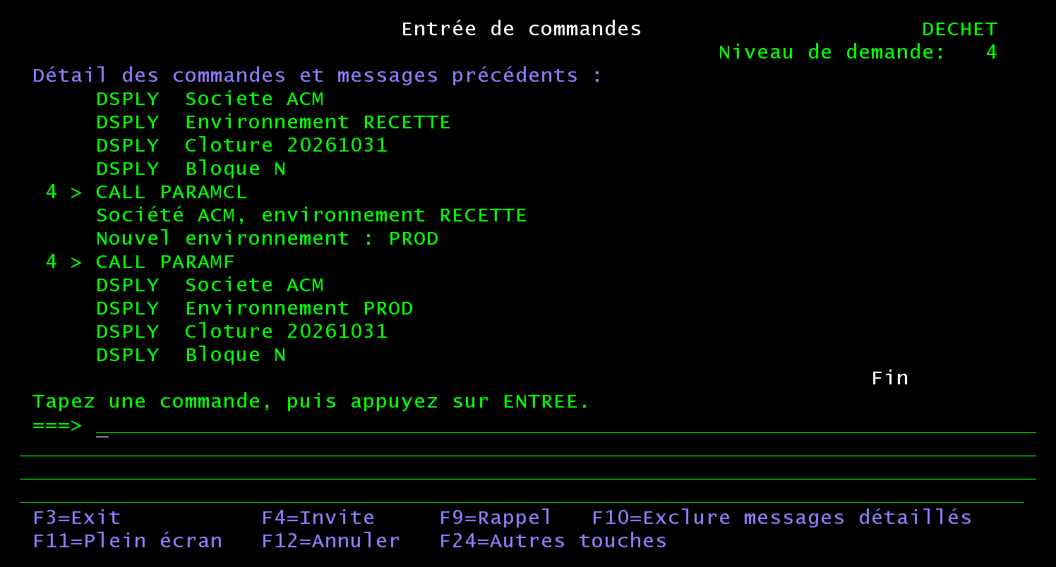 Écran Entrée de commandes : CALL PARAMCL affiche Société ACM, environnement RECETTE puis Nouvel environnement : PROD ; CALL PARAMF affiche ensuite Environnement PROD, la société, la clôture et le blocage inchangés