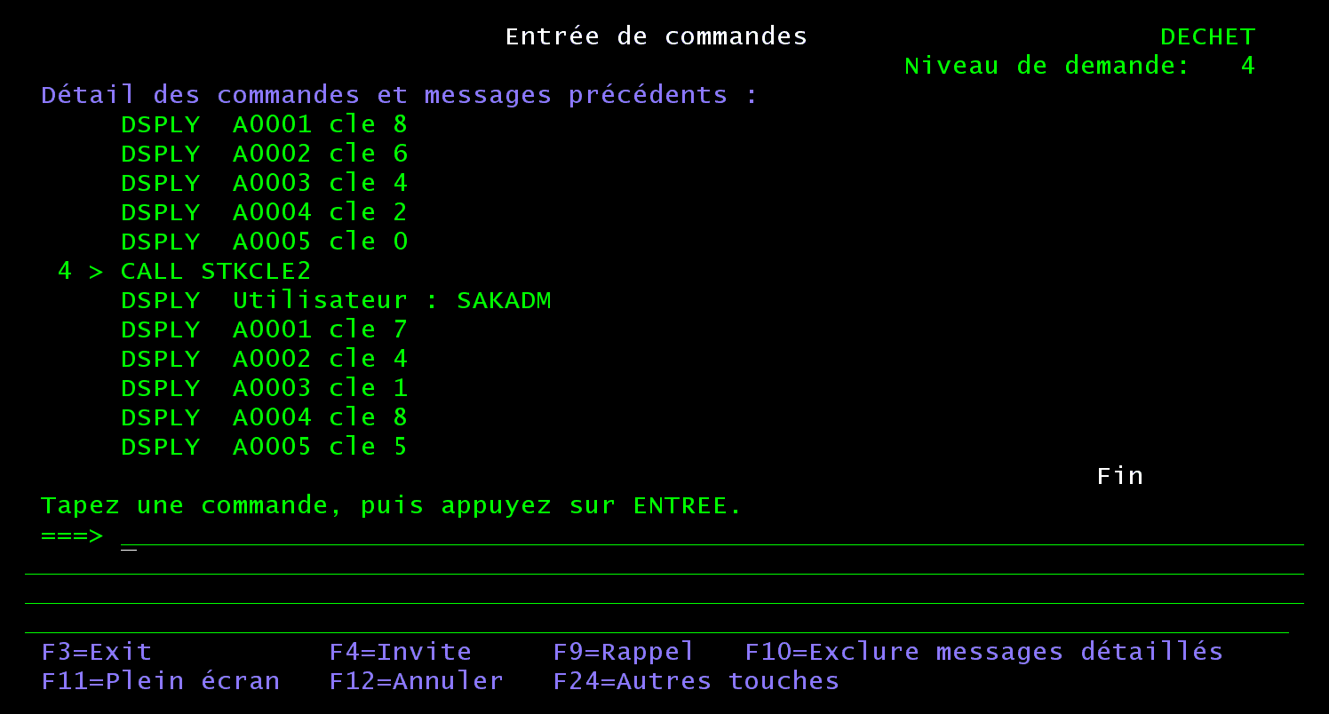 Écran Entrée de commandes : CALL STKCLE donne encore les clés 8 6 4 2 0, CALL STKCLE2 donne les nouvelles clés 7 4 1 8 5