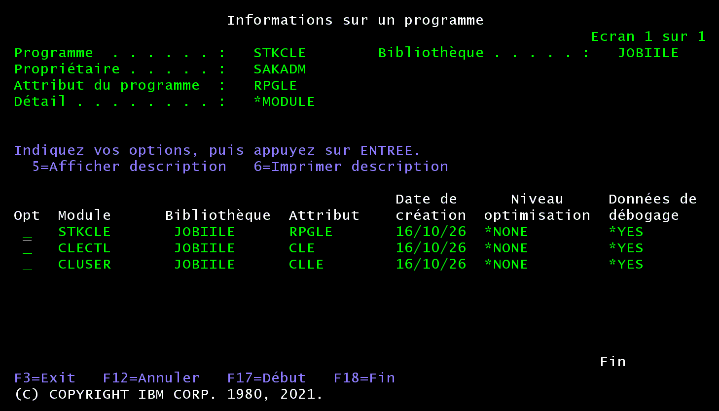 DSPPGM STKCLE DETAIL(*MODULE) : trois modules, STKCLE attribut RPGLE, CLECTL attribut CLE, CLUSER attribut CLLE