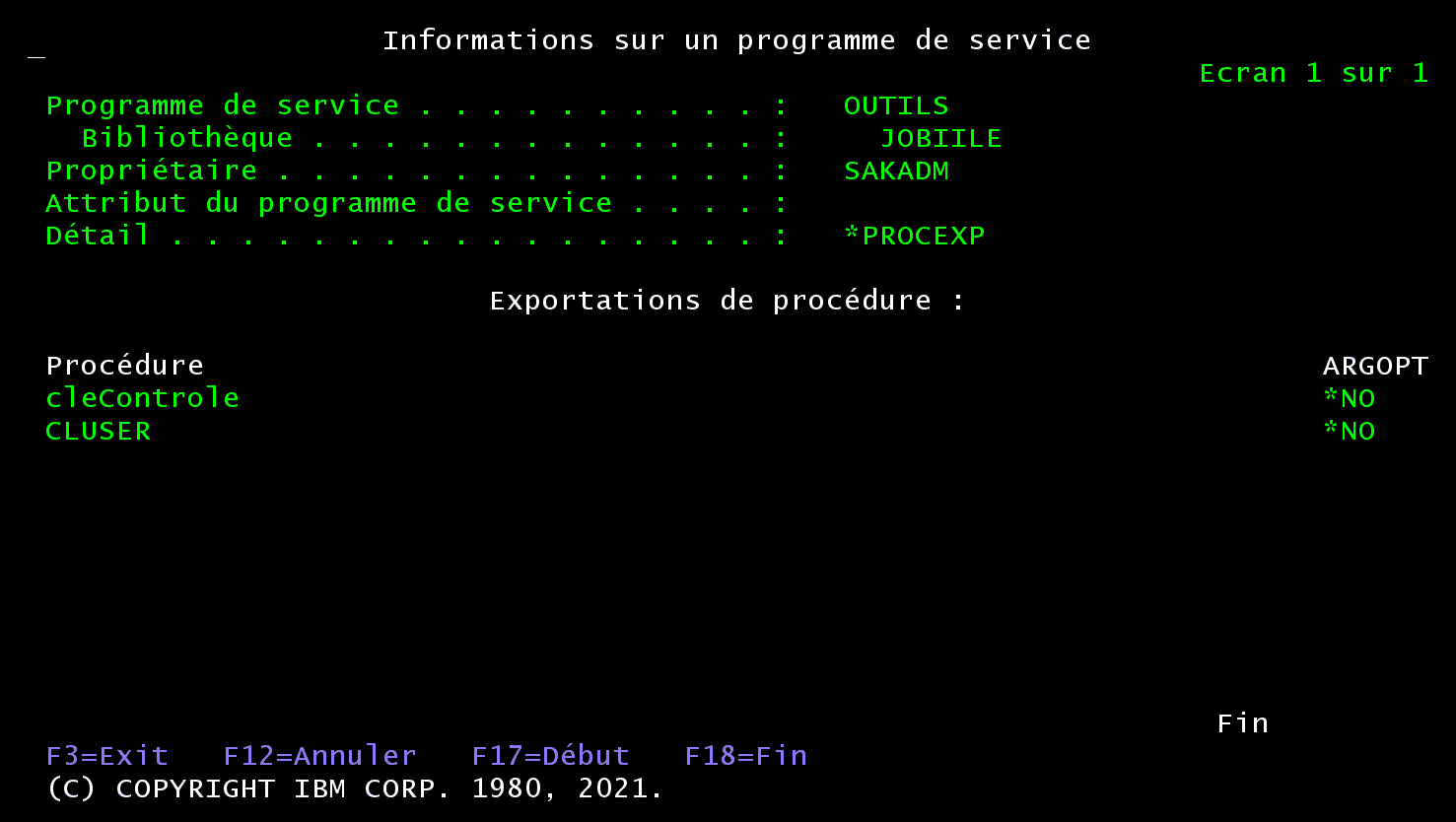DSPSRVPGM OUTILS DETAIL(*PROCEXP) : procédures exportées cleControle et CLUSER