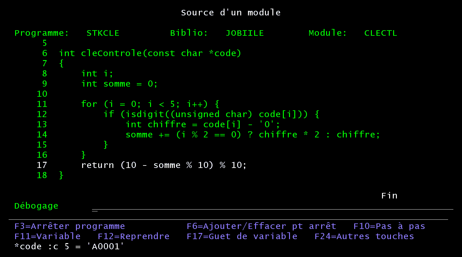 STRDBG dans le module C : *code :c 5 = A0001
