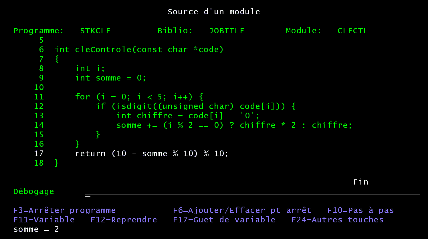 STRDBG dans le module C, ligne 17 : somme = 2