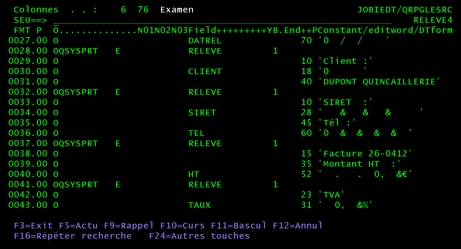 SEU, examen du membre RELEVE4 : ligne de format O du RPG IV, spécifications O avec les mots d'édition en colonne 53