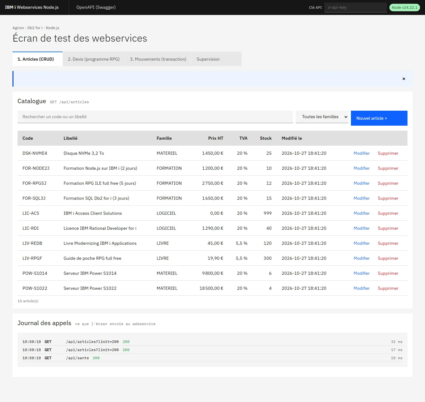 Écran de test au design Carbon : en-tête noir IBM i Webservices Node.js, onglets Articles, Devis, Mouvements, Supervision, tableau des 10 articles avec prix, TVA et stock