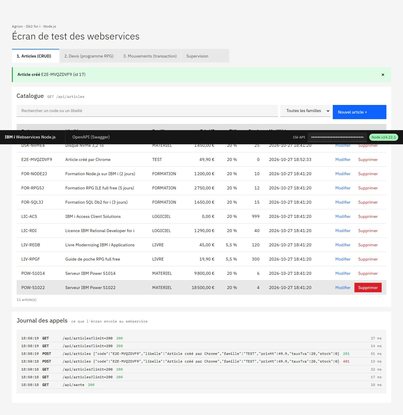 Écran de test : notification verte Article créé, le nouvel article apparaît dans le tableau