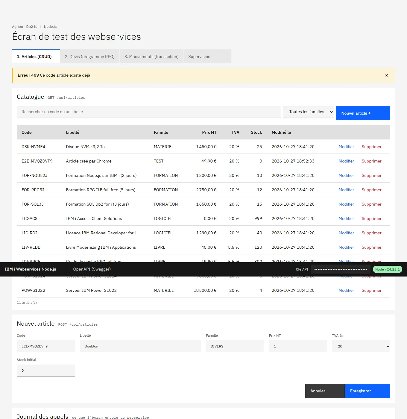 Notification jaune Erreur 409 Ce code article existe déjà, au-dessus du formulaire de création