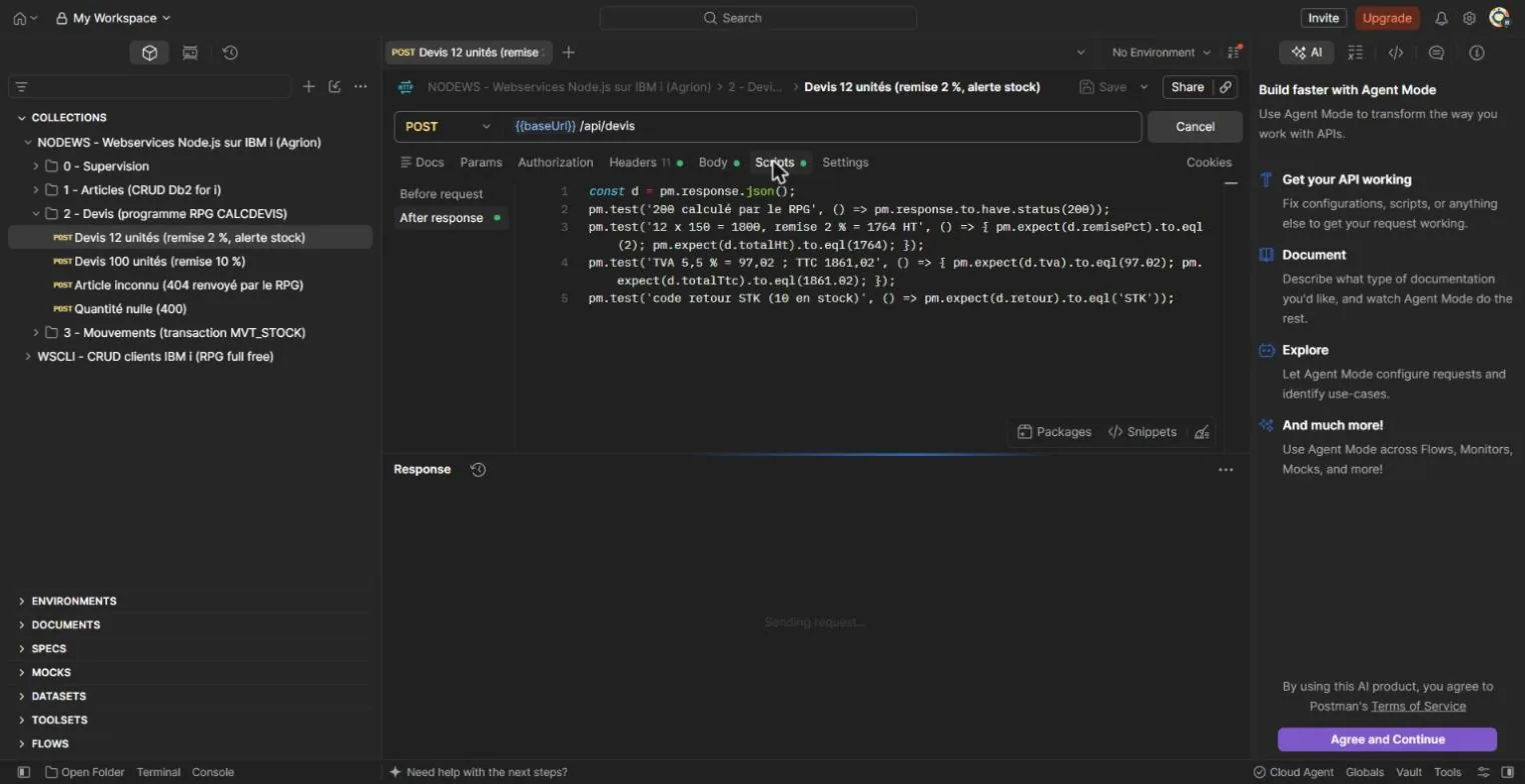 Postman : collection NODEWS avec ses dossiers Supervision, Articles, Devis, Mouvements, et les tests de la requête Devis 12 unités