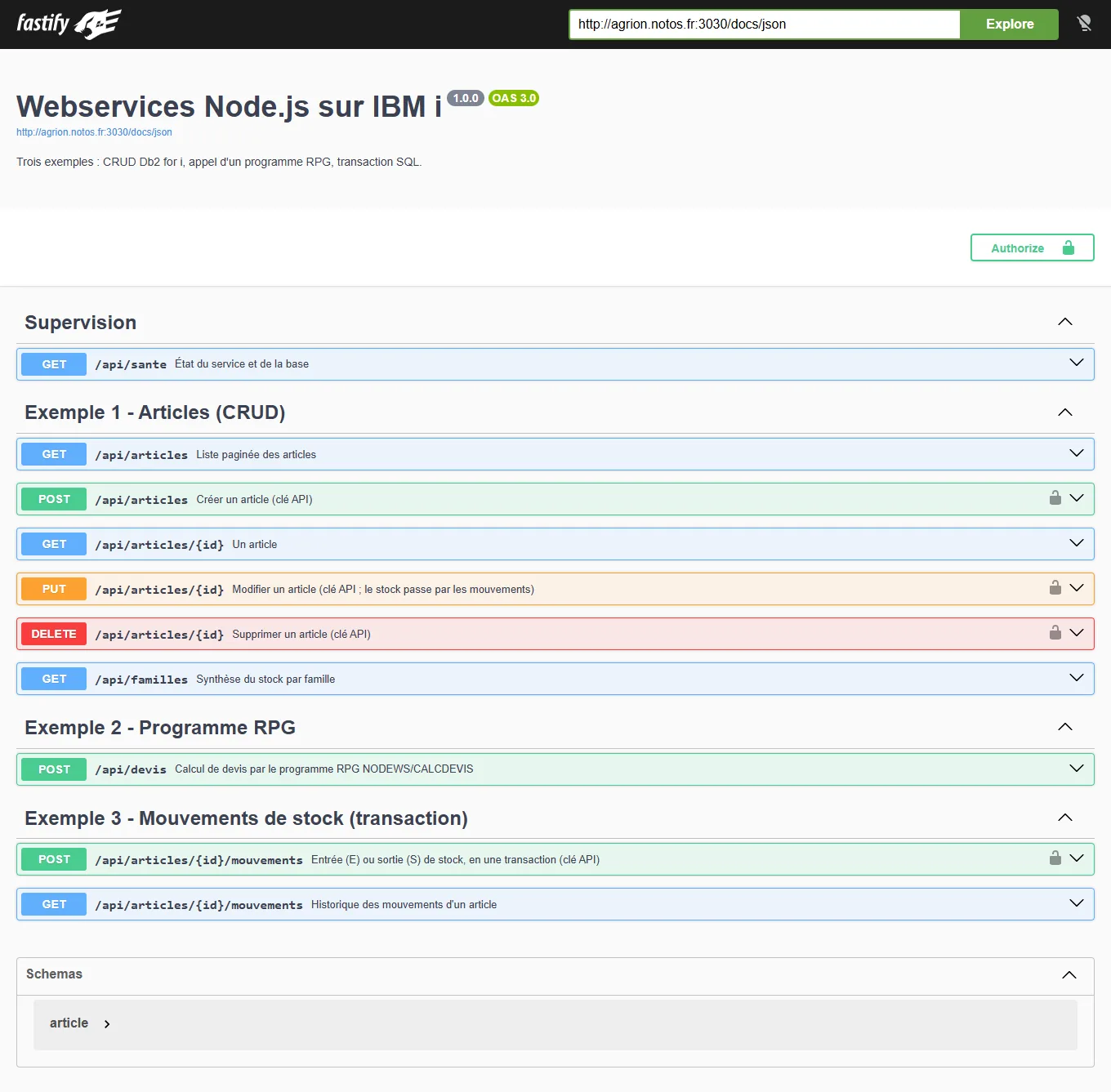Interface Swagger UI listant les routes des trois exemples, regroupées par tag