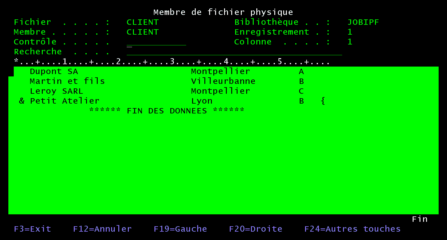 Écran 5250 Membre de fichier physique CLIENT de JOBIPF : quatre enregistrements, noms et villes lisibles, numéros et soldes illisibles
