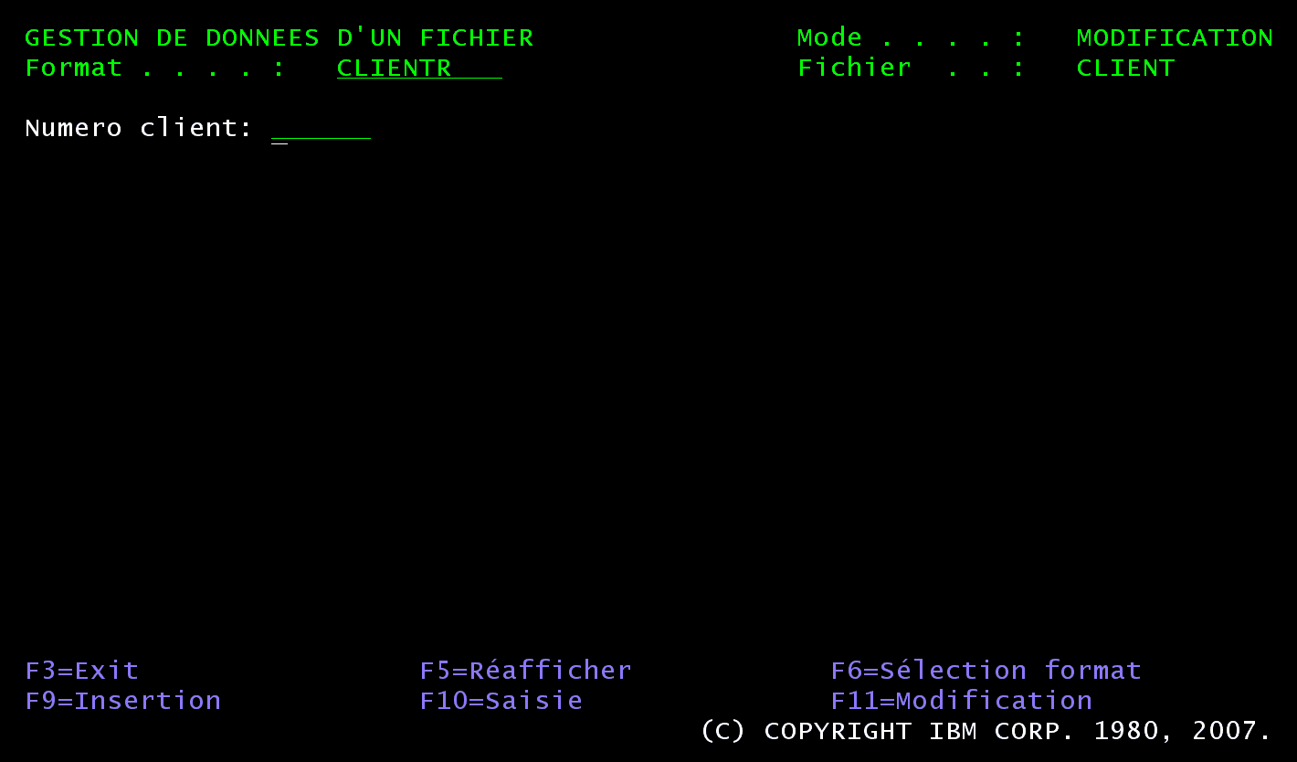 Écran 5250 Gestion de données d'un fichier, mode Modification, format CLIENTR, fichier CLIENT : zones Numero client, Nom, Ville, Cat, Solde vides ; F9=Insertion, F10=Saisie, F11=Modification