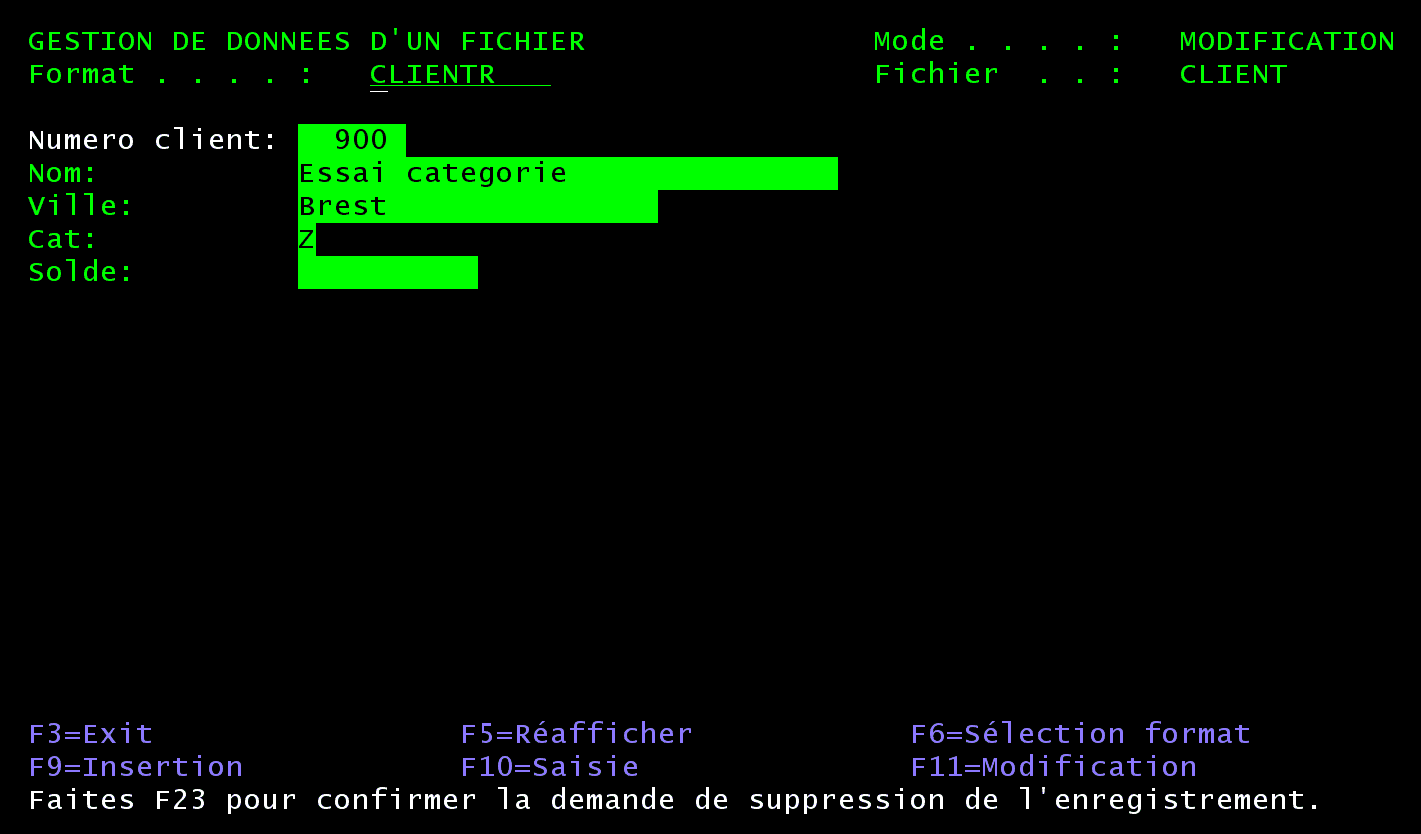 Écran 5250 en mode Modification : client 900, Essai categorie, Brest, Cat Z ; message : Faites F23 pour confirmer la demande de suppression de l'enregistrement.