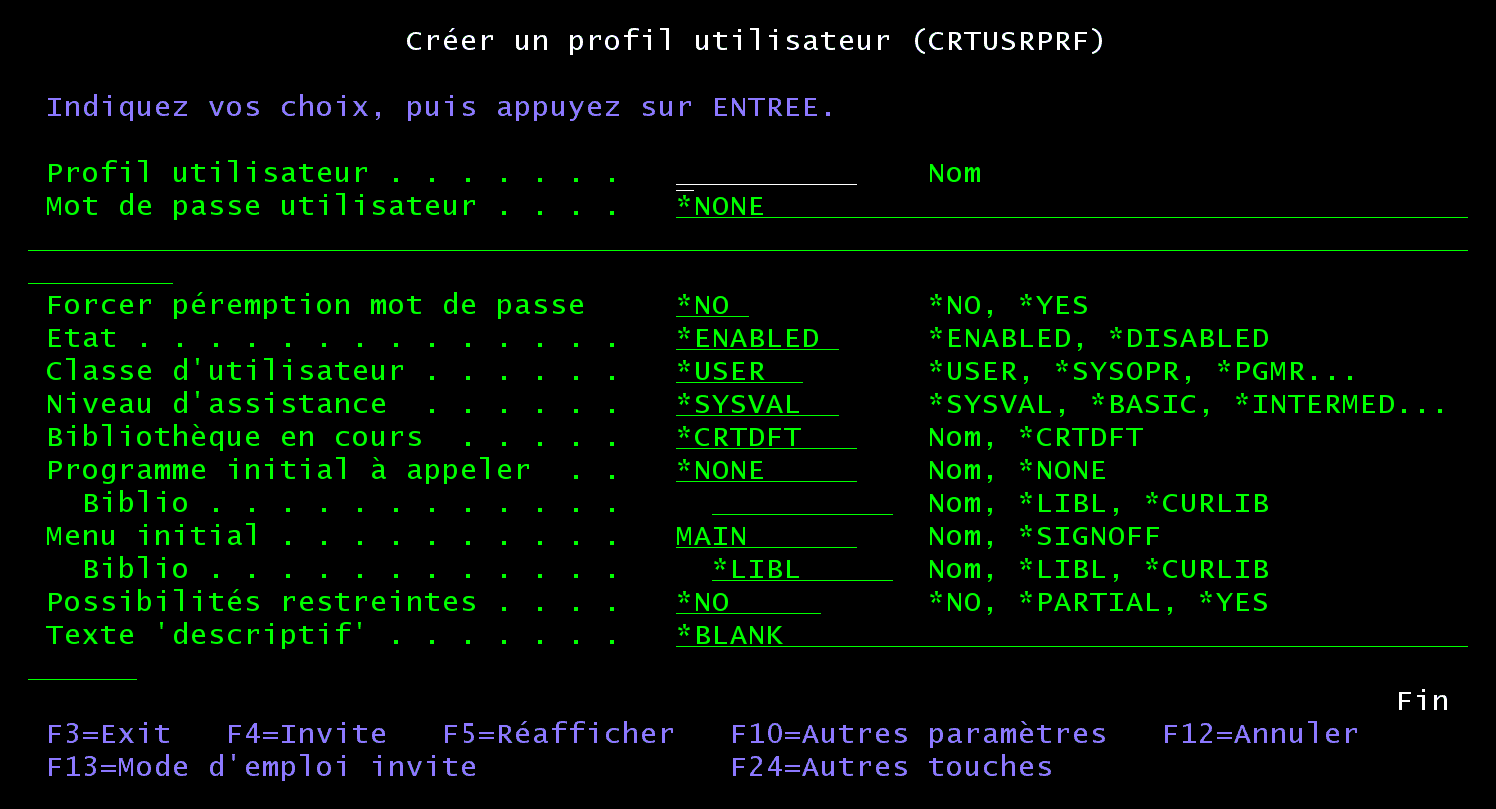 Écran 5250 Créer un profil utilisateur (CRTUSRPRF) : profil, mot de passe *NONE, état *ENABLED, classe *USER, bibliothèque en cours *CRTDFT, menu initial MAIN, possibilités restreintes *NO