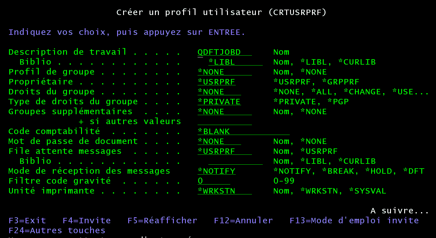 Écran 5250 CRTUSRPRF, suite : description de travail QDFTJOBD, profil de groupe *NONE, propriétaire *USRPRF, groupes supplémentaires, file d'attente de messages *USRPRF
