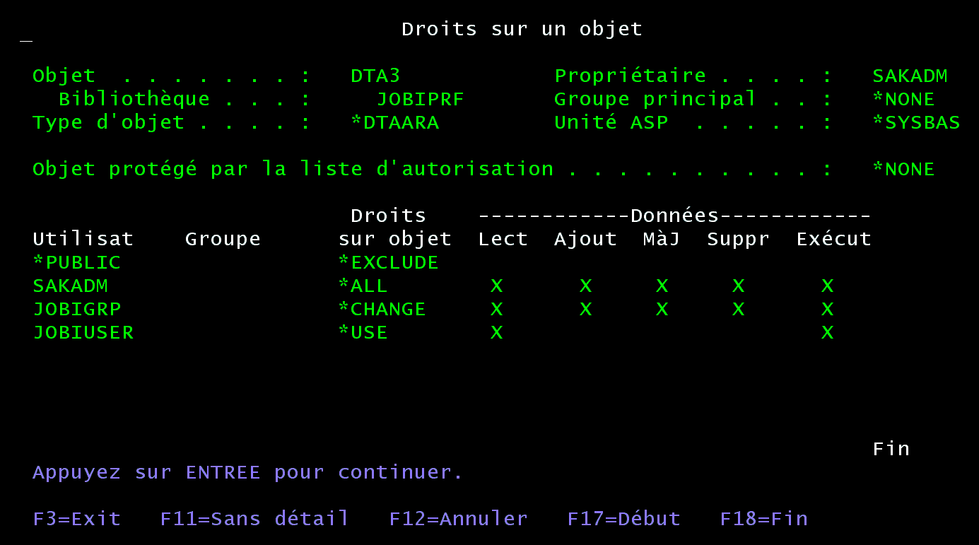 Écran 5250 Droits sur un objet DTA3, détail des droits sur les données : JOBIGRP lecture, ajout, mise à jour, suppression, exécution ; JOBIUSER lecture et exécution
