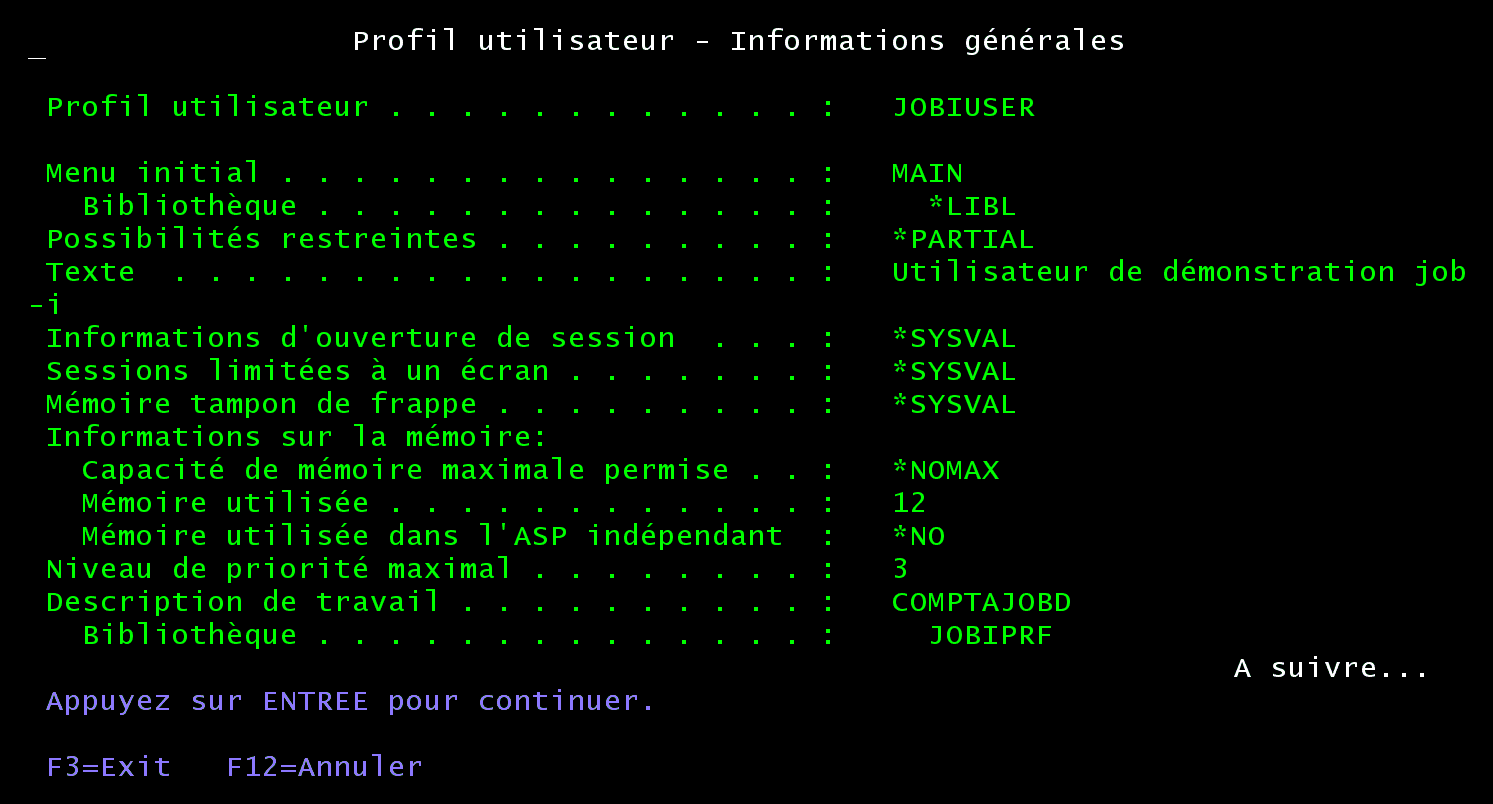 Écran 5250 Profil utilisateur JOBIUSER, page 3 : menu initial MAIN, possibilités restreintes *PARTIAL, niveau de priorité maximal 3, description de travail COMPTAJOBD de JOBIPRF