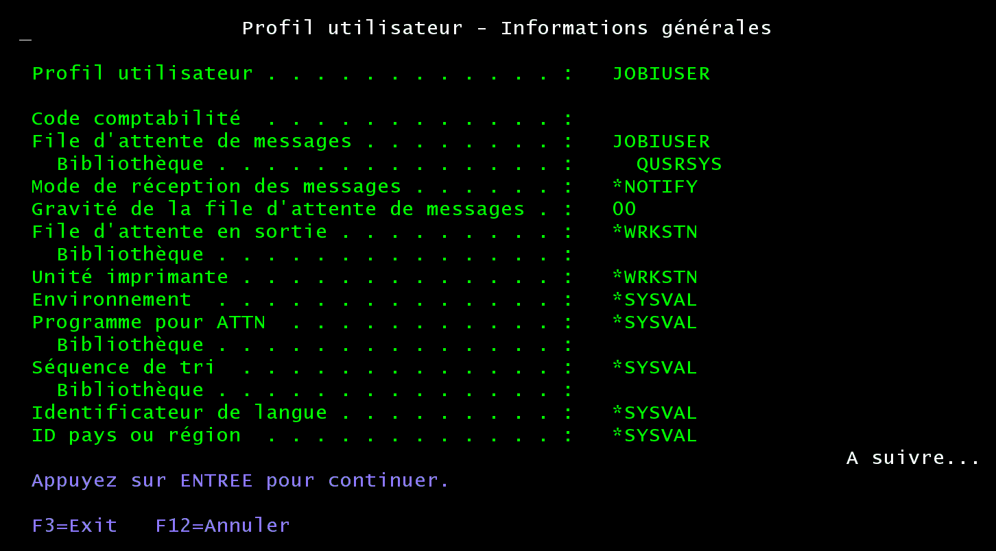 Écran 5250 Profil utilisateur JOBIUSER, page 4 : file d'attente de messages JOBIUSER de QUSRSYS, file d'attente en sortie *WRKSTN
