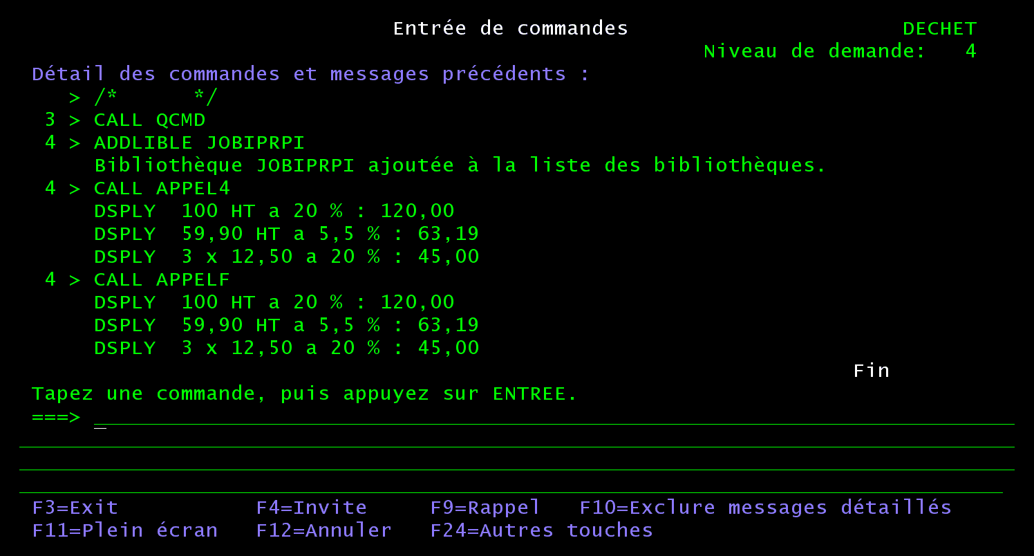 Écran Entrée de commandes, messages détaillés : CALL APPEL4 puis CALL APPELF affichent chacun 100 HT a 20 % : 120,00, 59,90 HT a 5,5 % : 63,19 et 3 x 12,50 a 20 % : 45,00