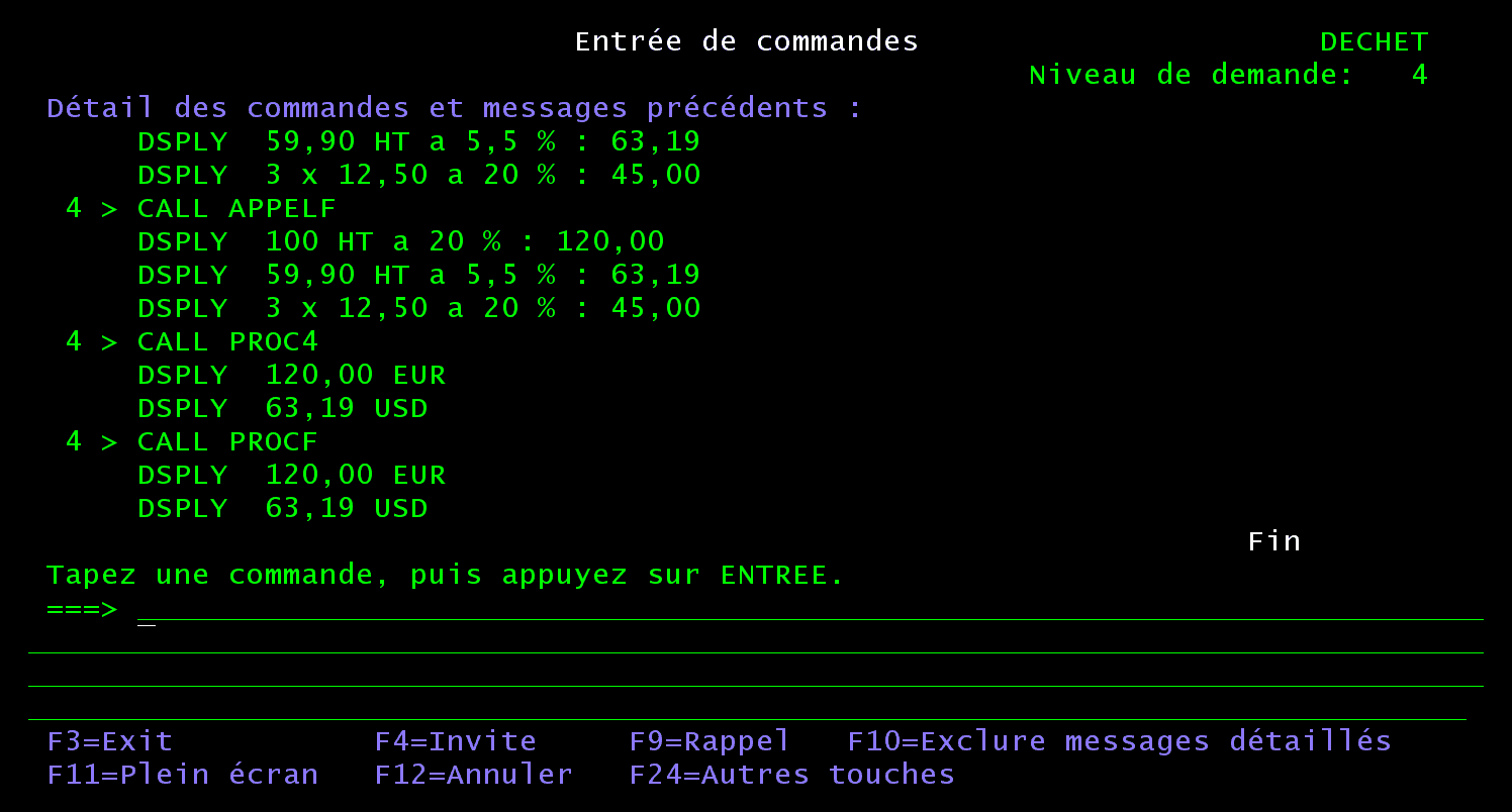 Écran Entrée de commandes : CALL PROC4 et CALL PROCF affichent chacun 120,00 EUR puis 63,19 USD
