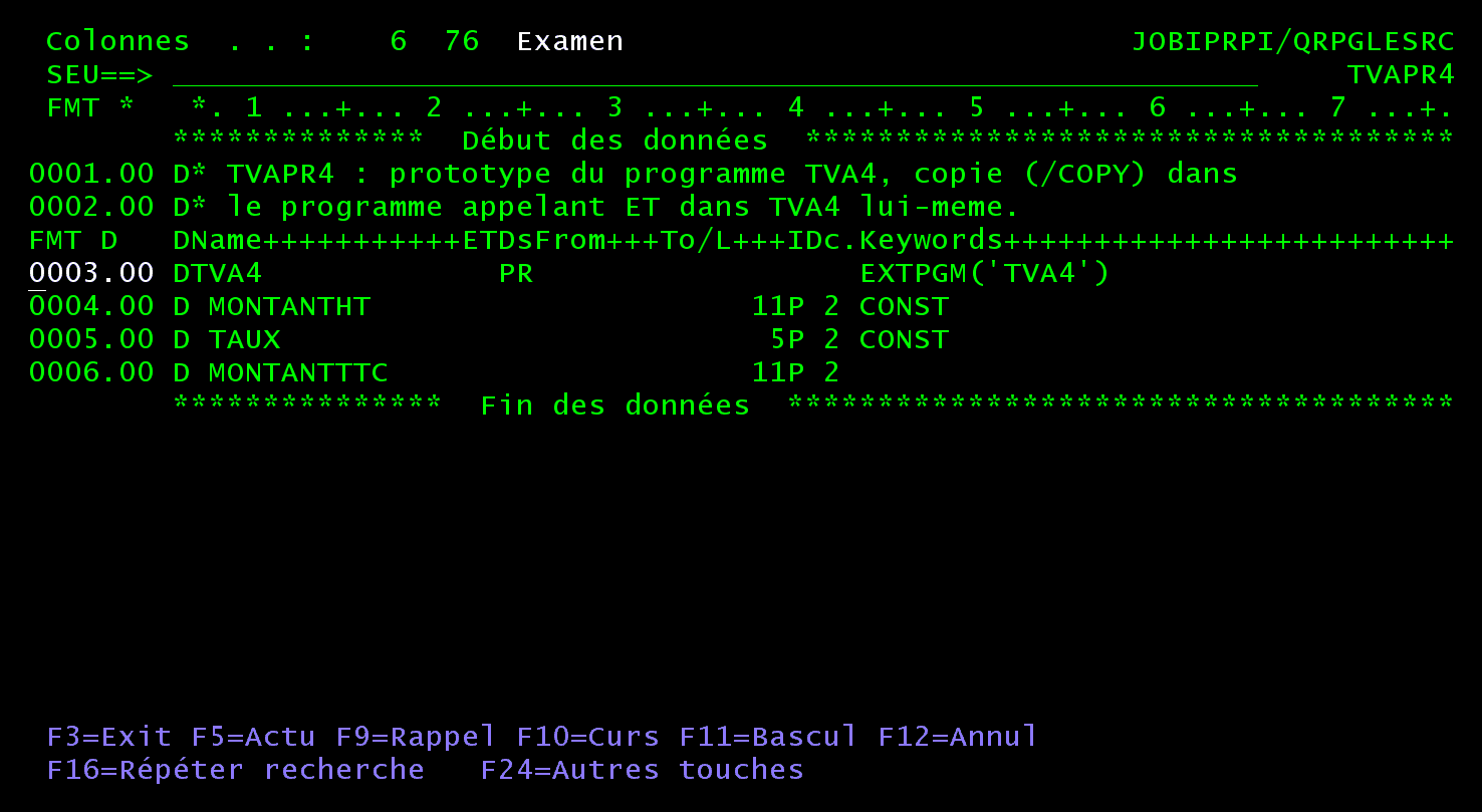 SEU, examen du membre TVAPR4 : ligne de format D (Name, ETDs, From, To/L, IDc, Keywords) au-dessus du prototype TVA4 PR EXTPGM et de ses trois paramètres