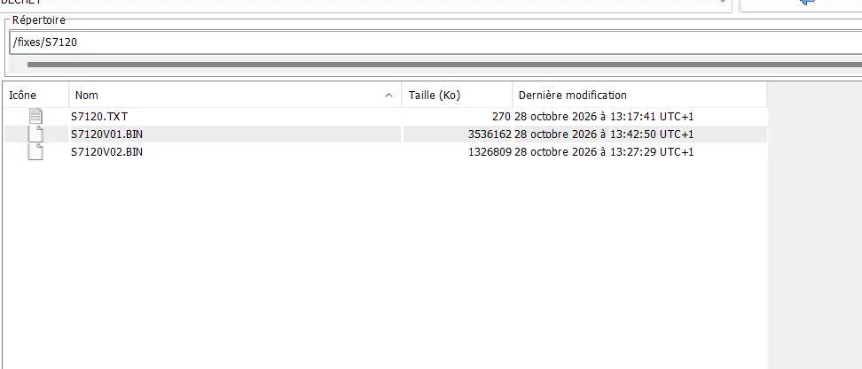 ACS : /fixes/S7120 contient S7120.TXT 270 Ko, S7120V01.BIN 3 536 162 Ko, S7120V02.BIN 1 326 809 Ko