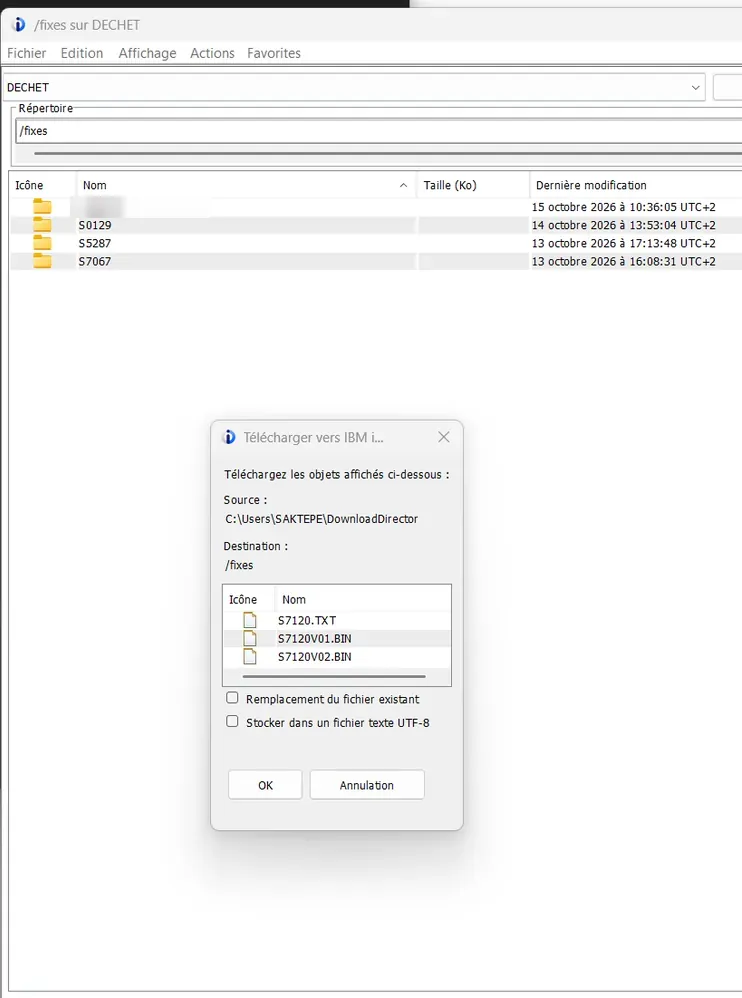 ACS : fenêtre Télécharger vers IBM i, source DownloadDirector, destination /fixes, case UTF-8 décochée