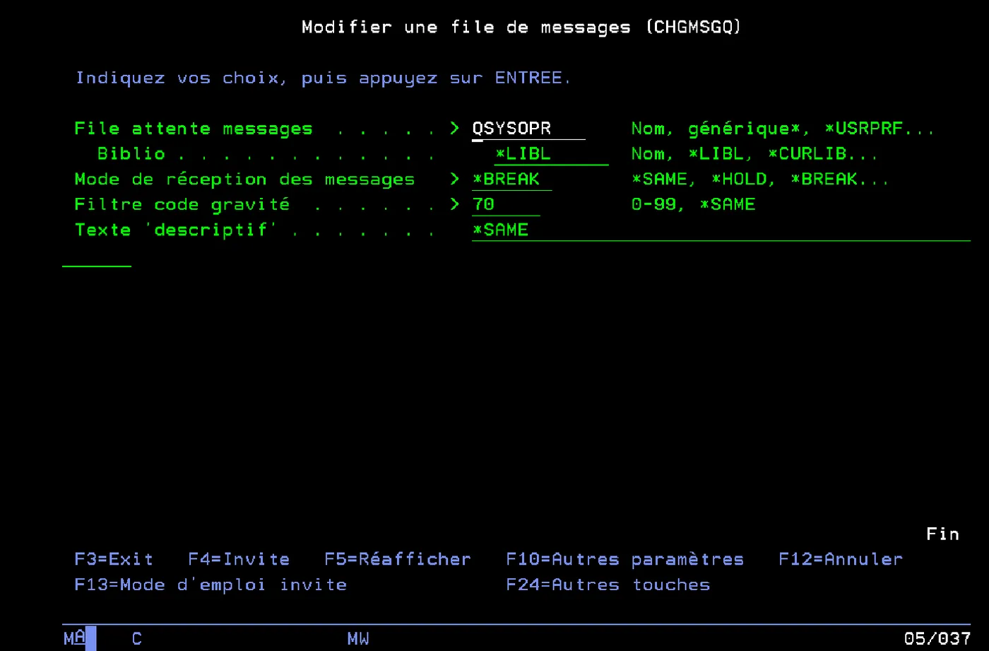 Invite CHGMSGQ : QSYSOPR, *BREAK, gravité 70