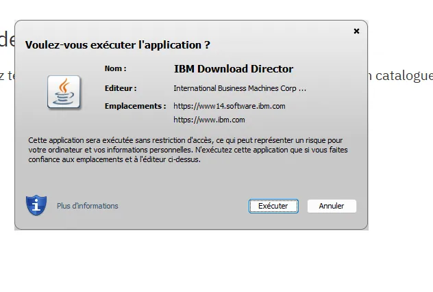 Java demande l'autorisation d'exécuter IBM Download Director, éditeur International Business Machines