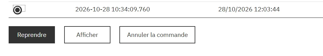 Commande en attente avec les boutons Reprendre, Afficher, Annuler la commande
